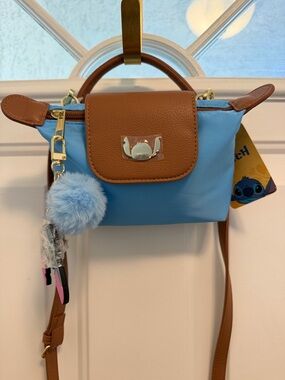 Stitch Blue & Brown Crossbody Bag with Pom Pom